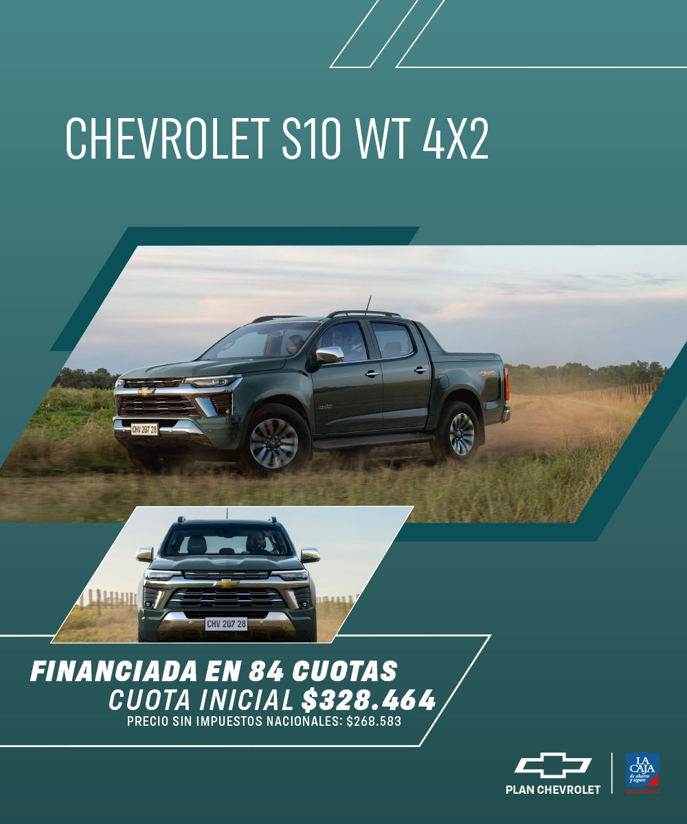 Camioneta Chevrolet S10 verde en campo con promoción de financiación