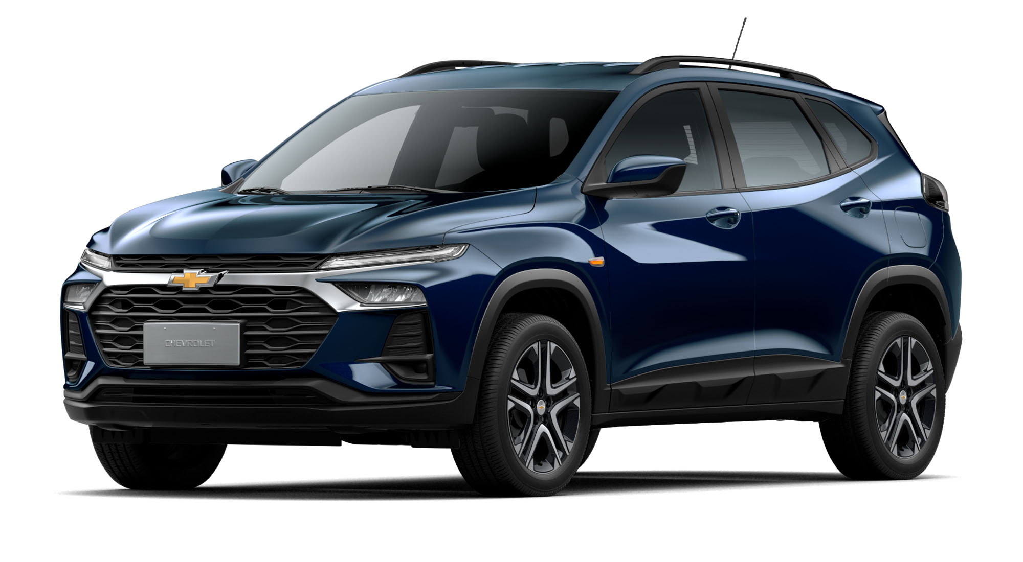 Chevrolet Tracker Turbo color Some Kinda Blue vista frontal en fondo blanco